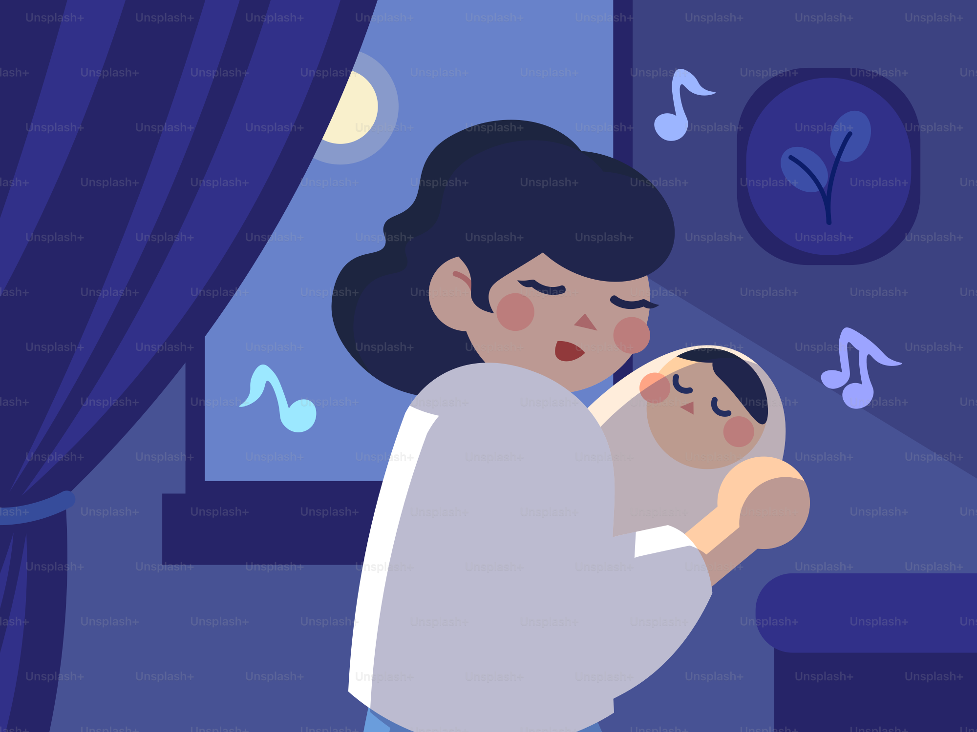 Mother holding a sleeping baby at night