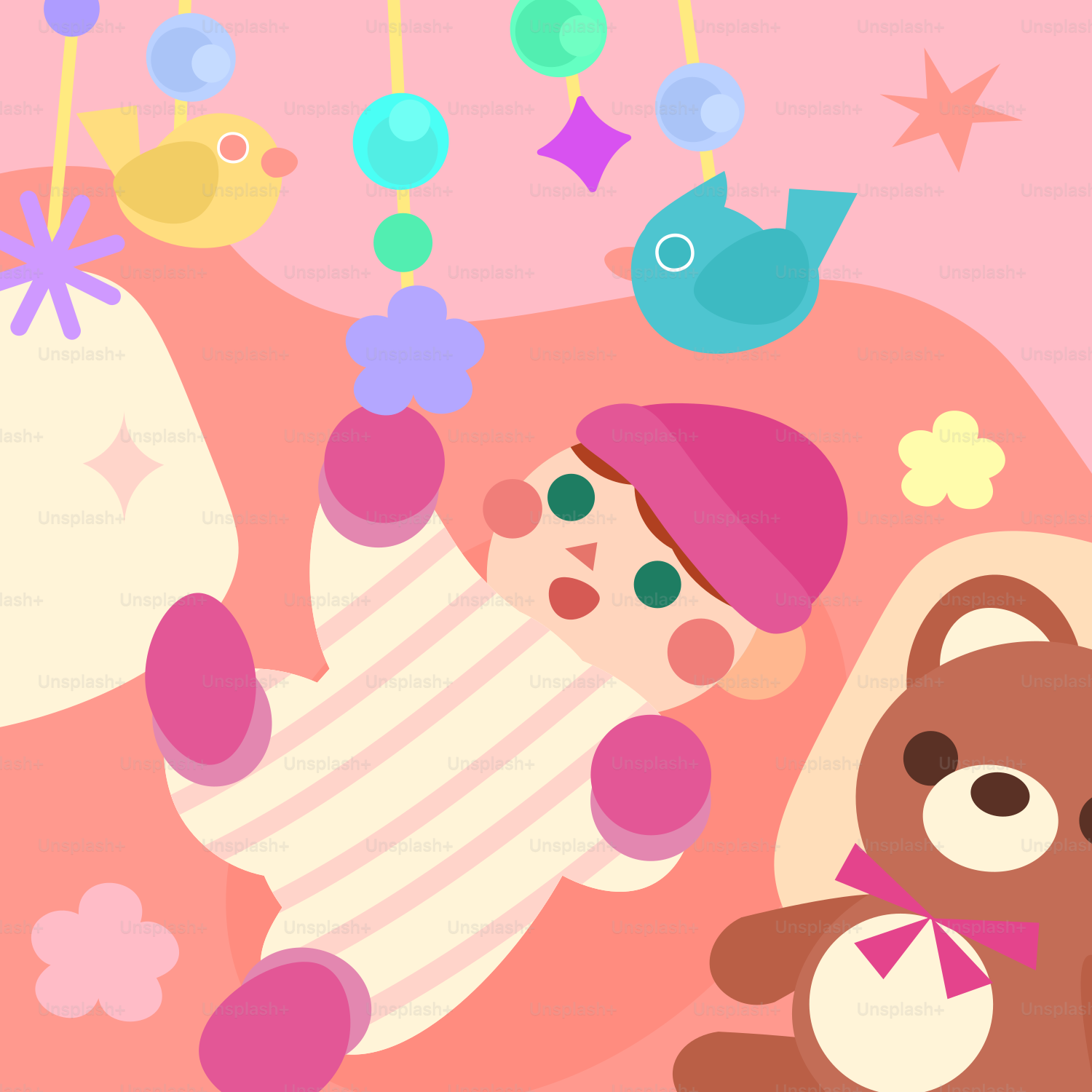 Baby reaching for a mobile with teddy bear.