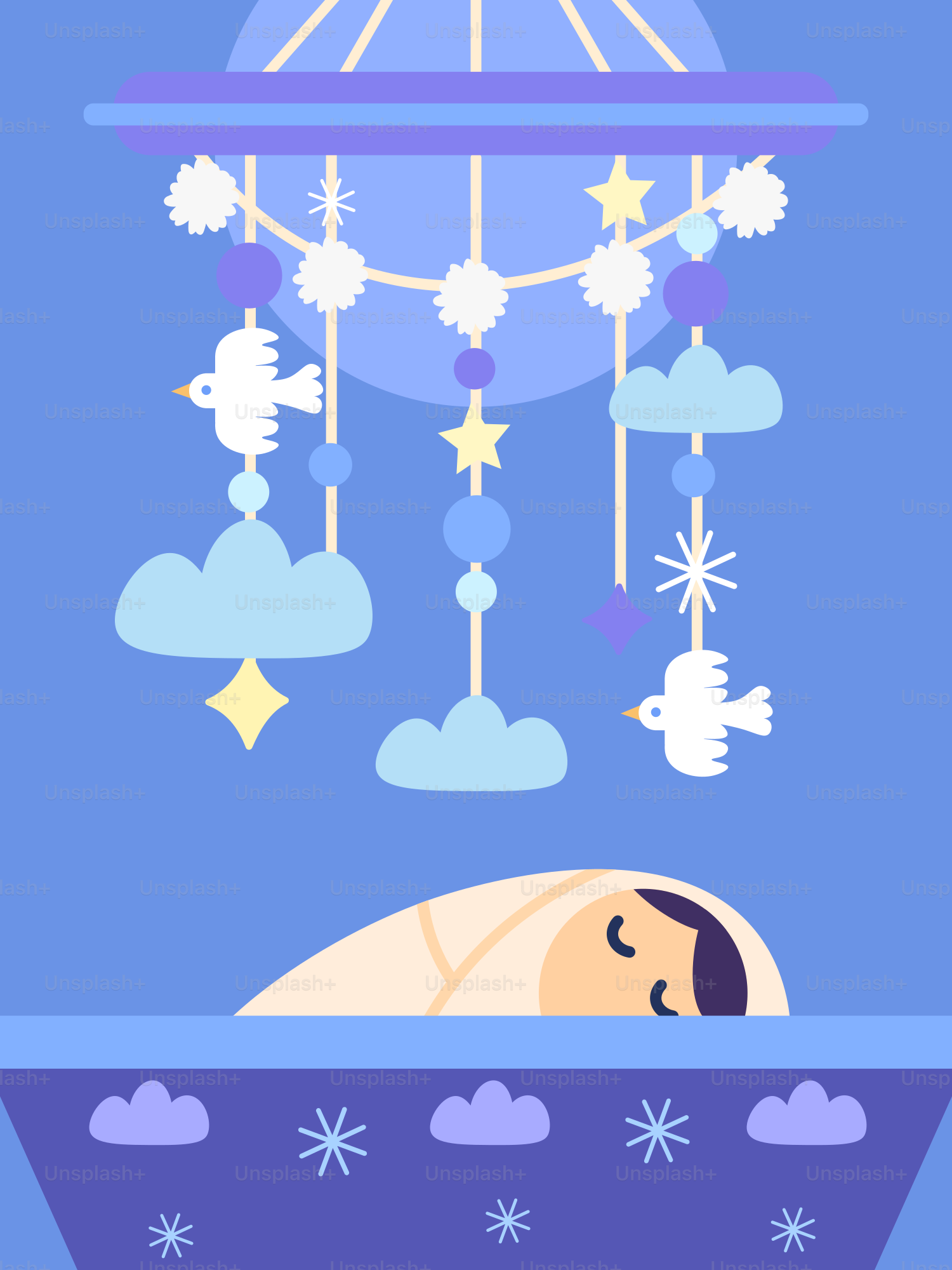 Baby sleeping under a mobile with clouds and birds.