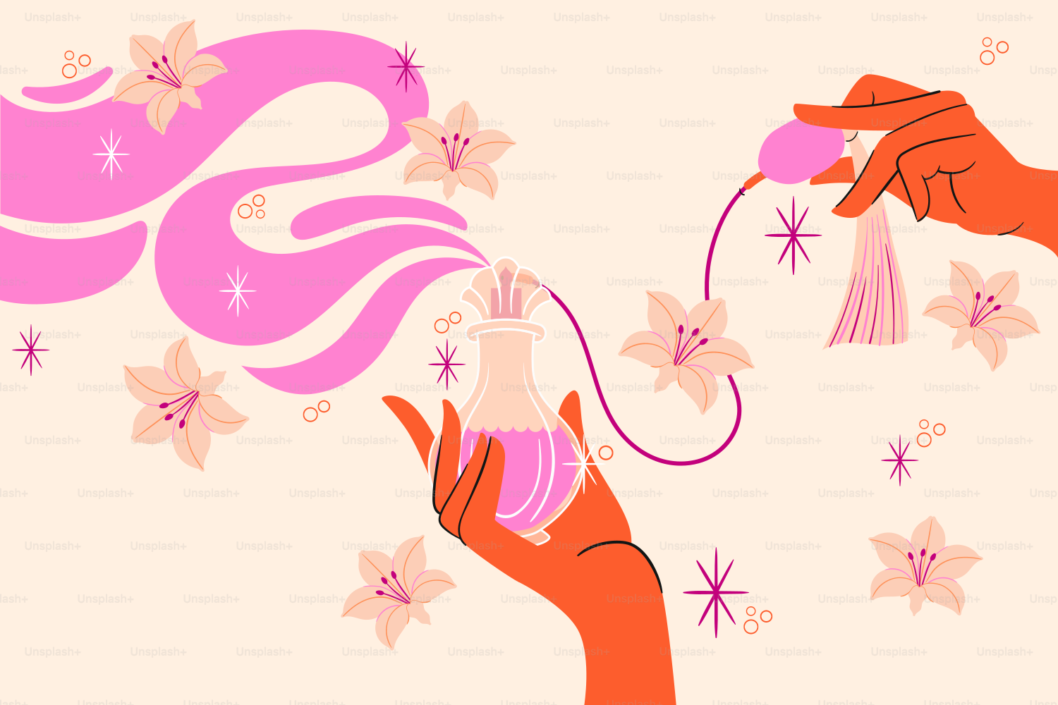 Hands hold perfume bottle with pink floral scent emanating