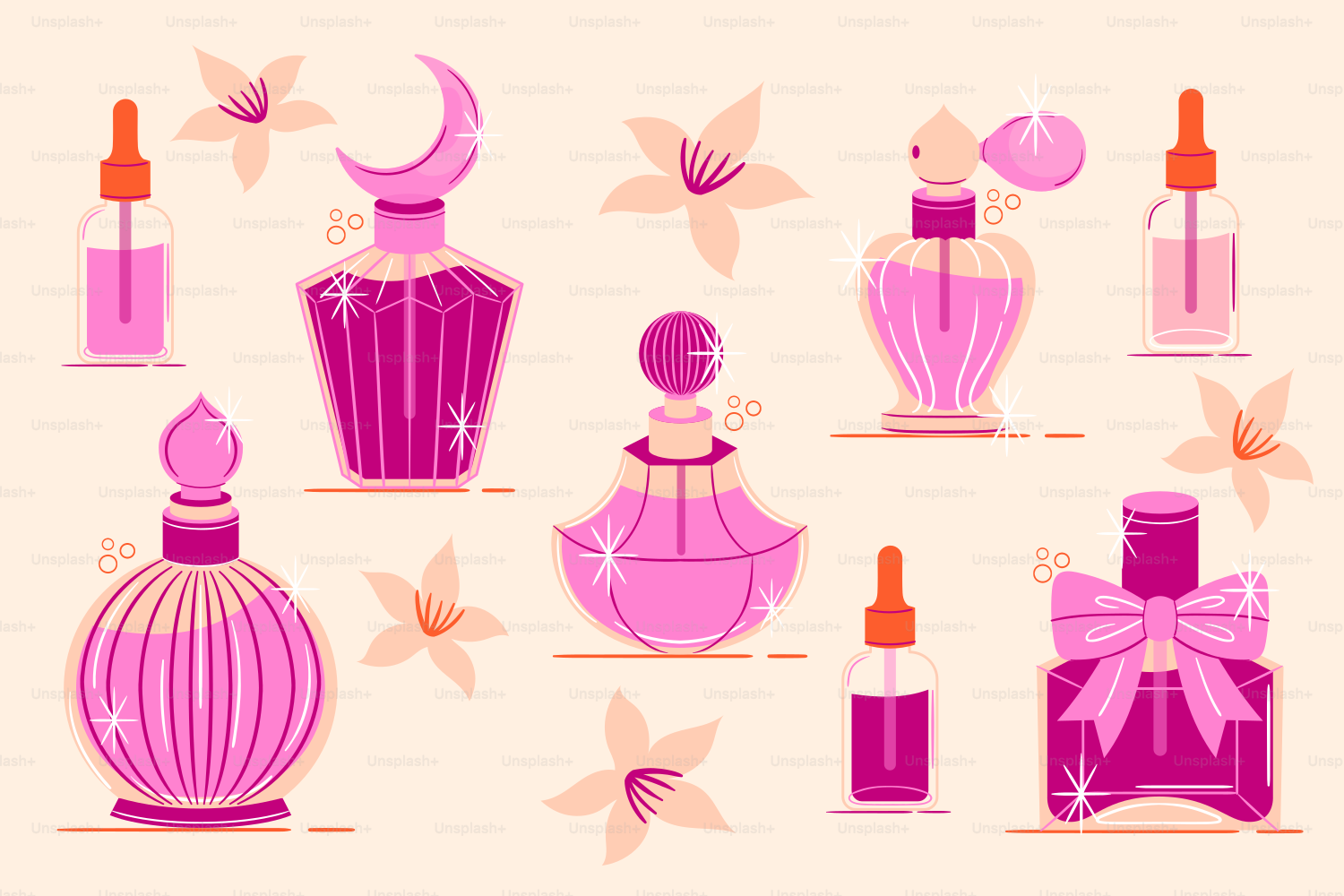 Collection of pink perfume bottles and flowers
