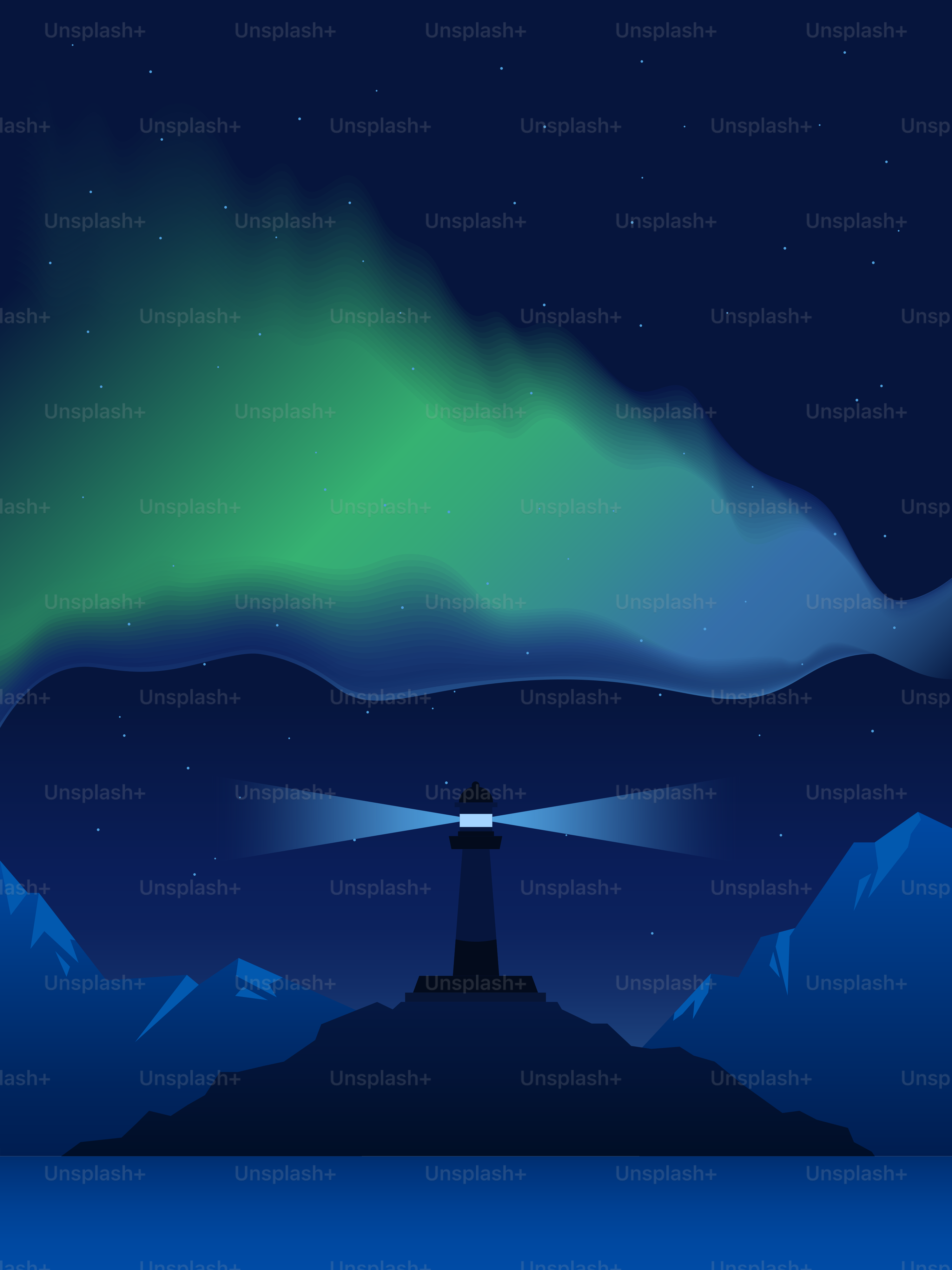 Lighthouse shines under aurora borealis at night.