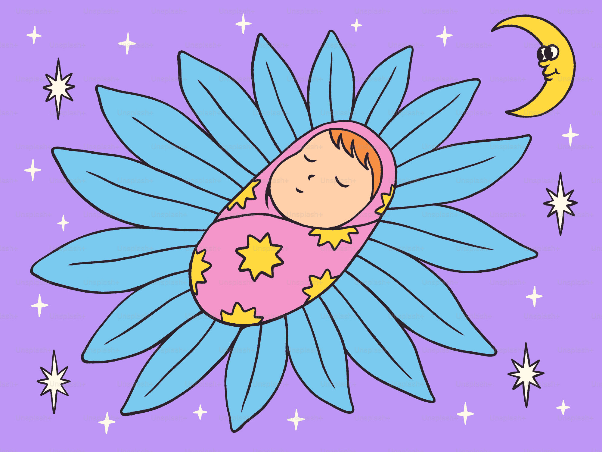 Bebé durmiendo en una flor bajo la luna