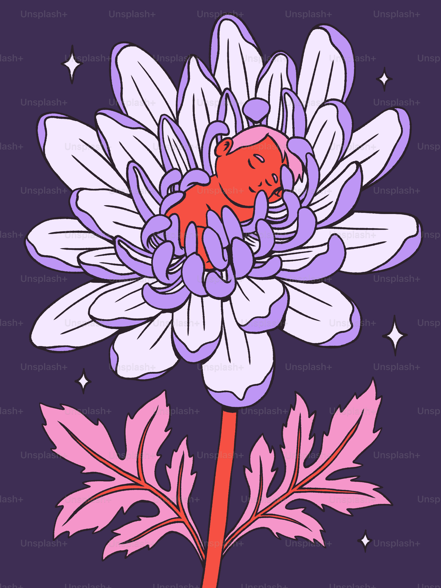 Baby sleeping peacefully inside a large flower.