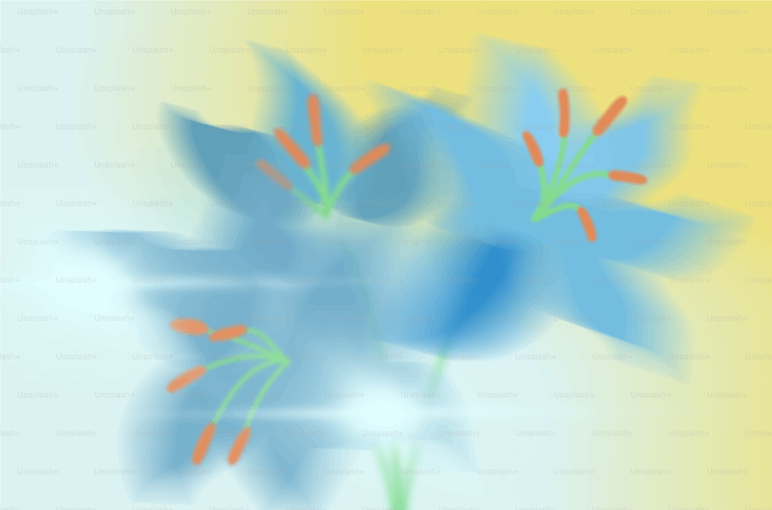 Three blue lilies with orange stamens on yellow background