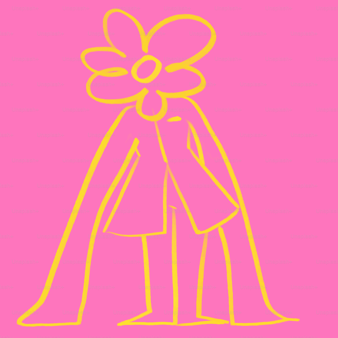 A yellow flower-headed figure on a pink background.