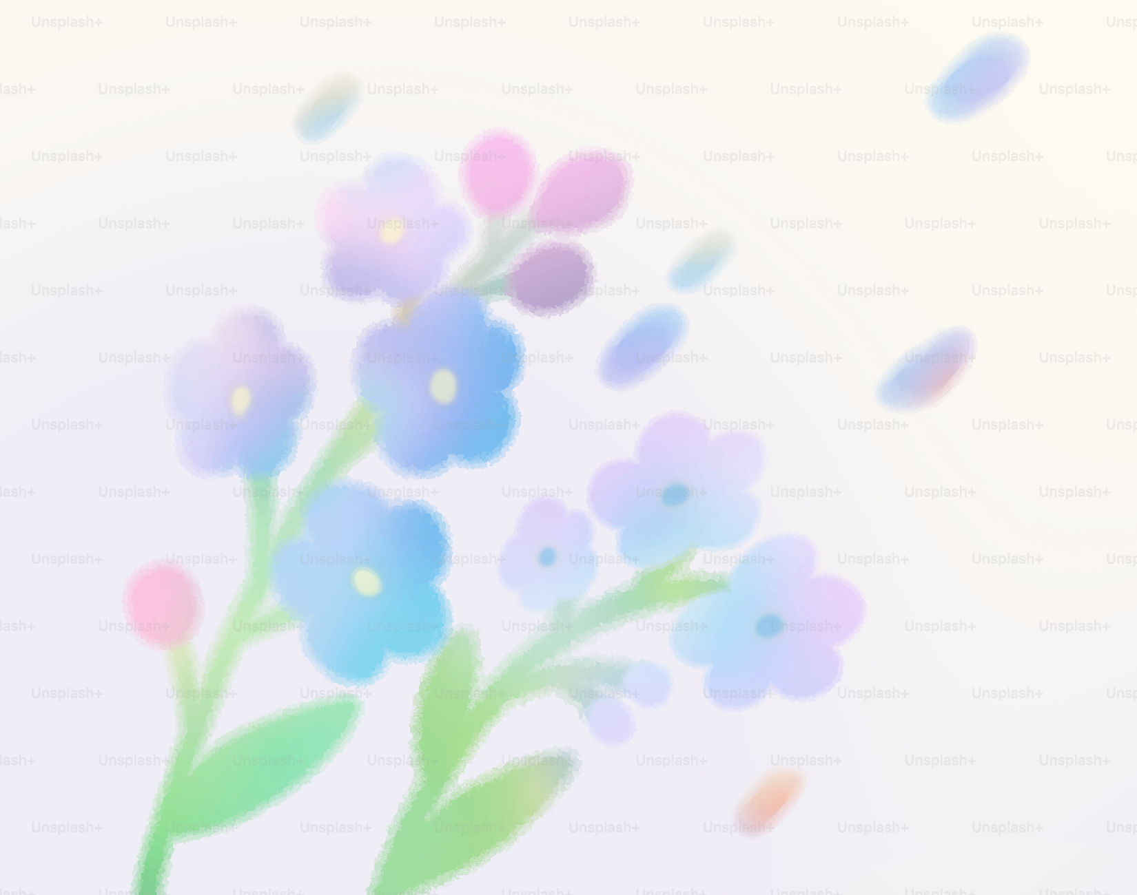 Flores azules de enfoque suave con pétalos cayendo