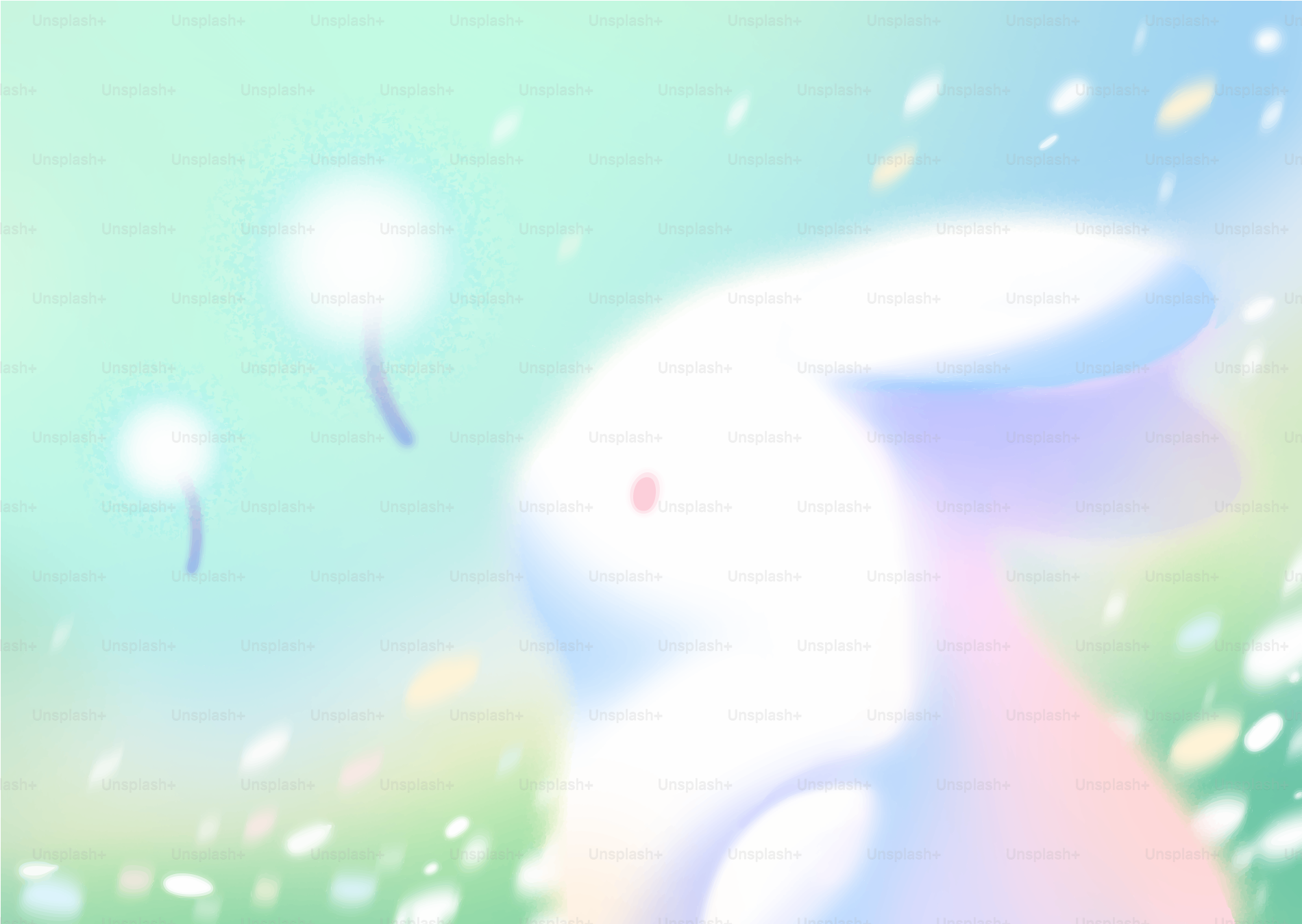 A white rabbit in a soft, pastel meadow.
