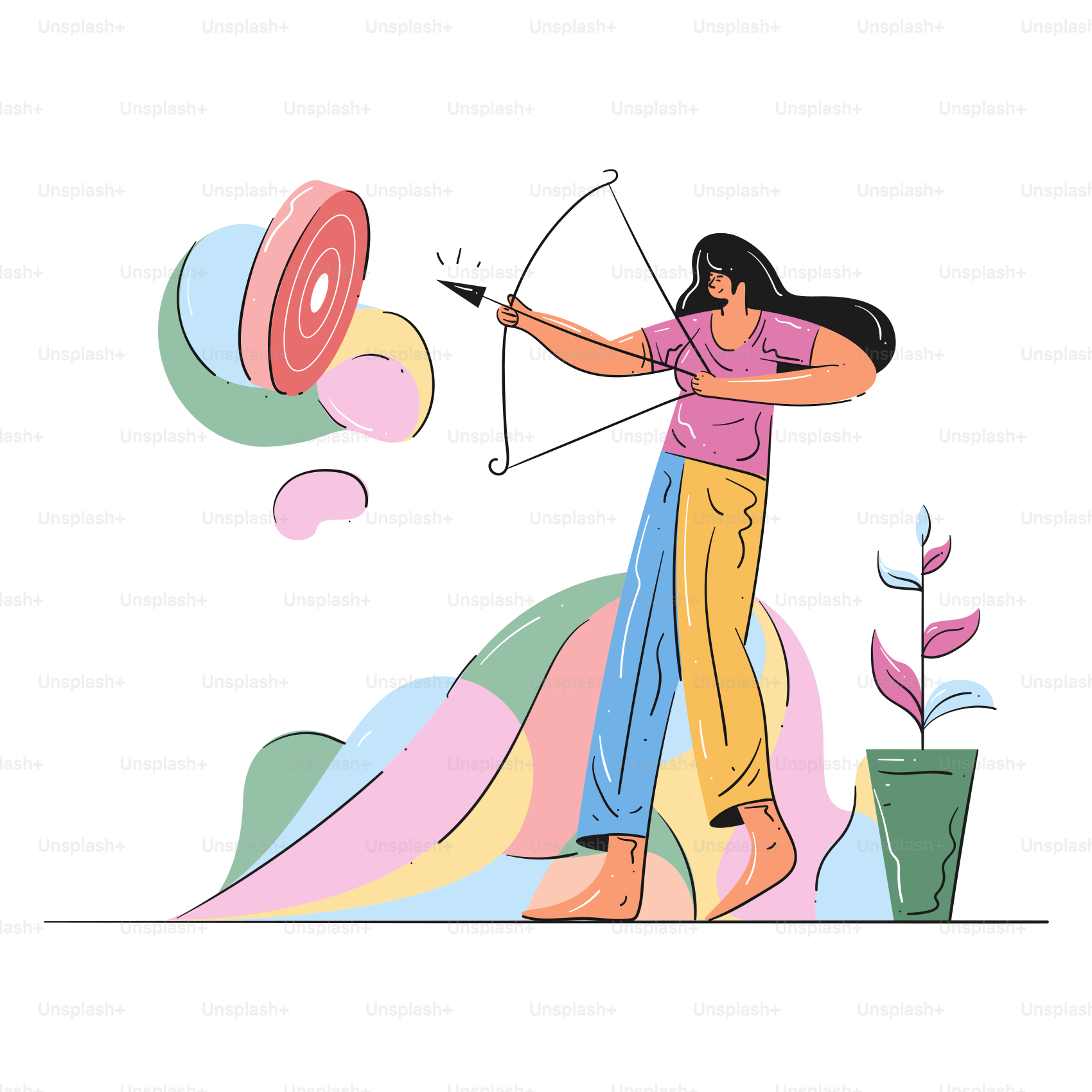 Mulher apontando arco e flecha em um alvo.