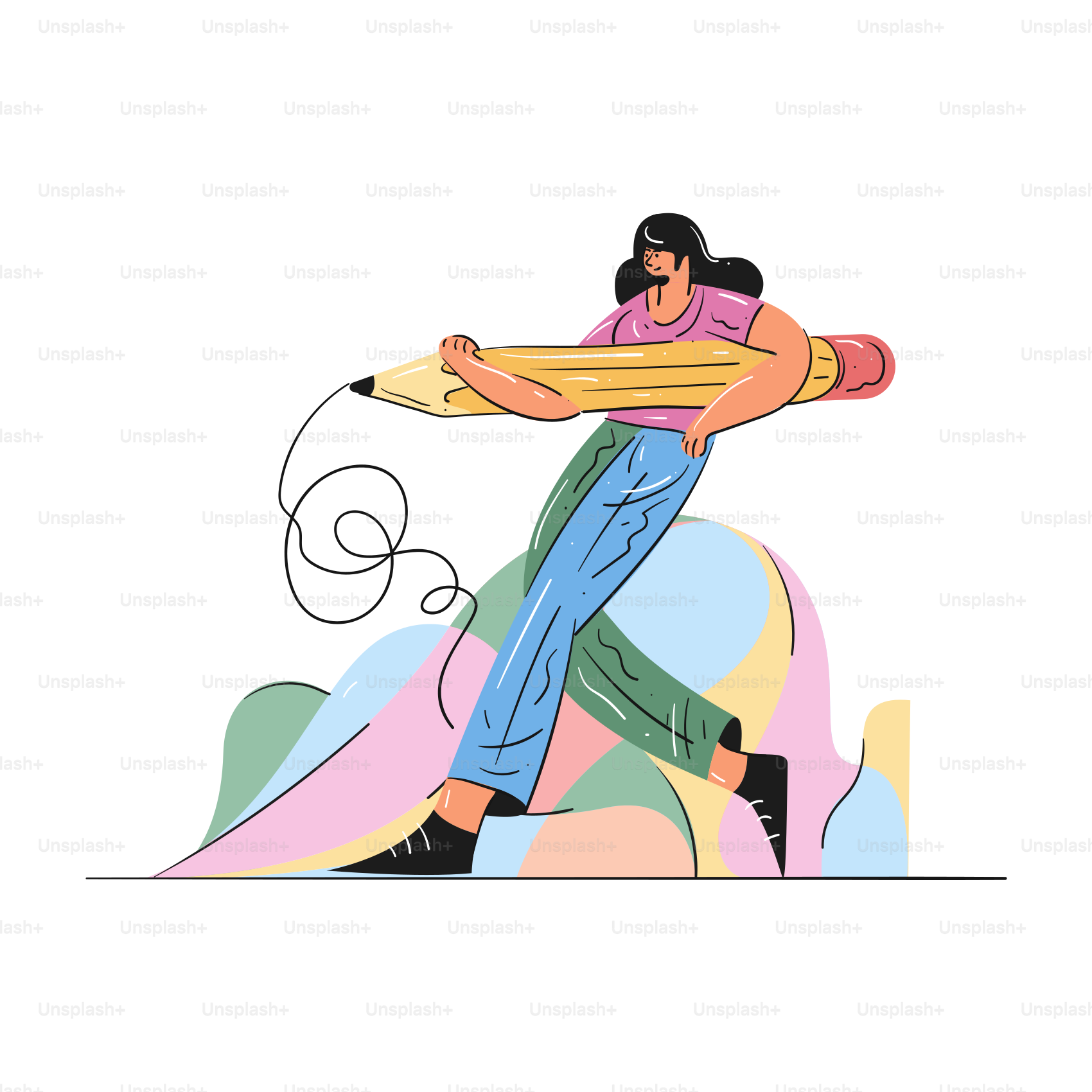 Woman holding a large pencil with a line drawn