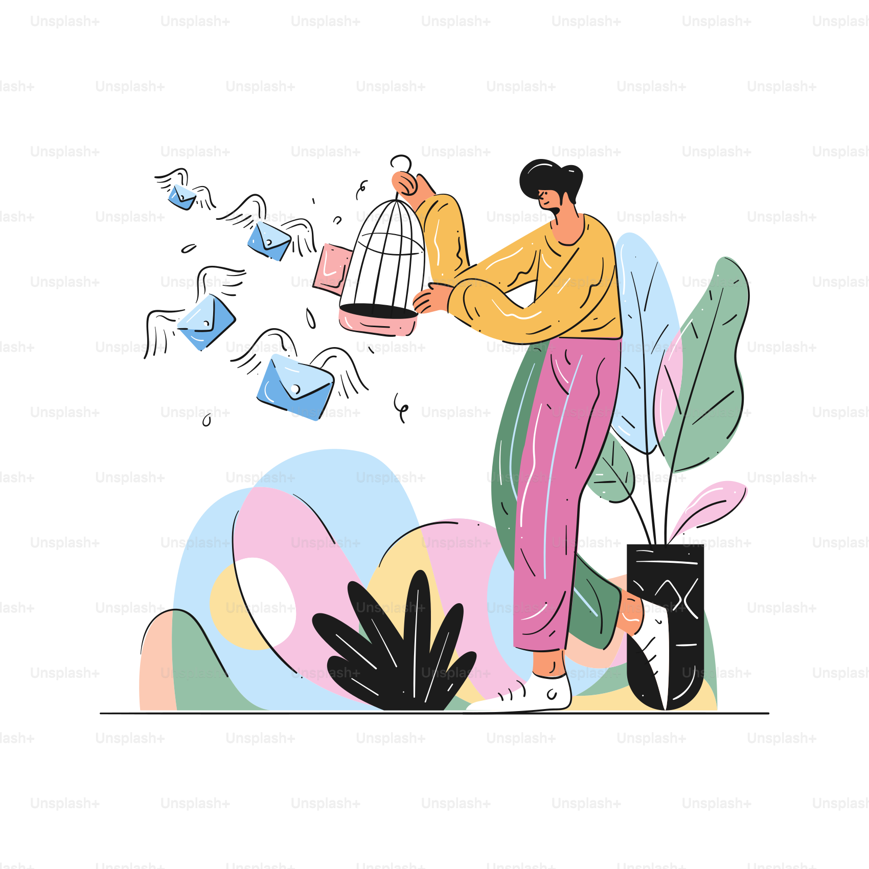 Man releasing envelopes from a birdcage