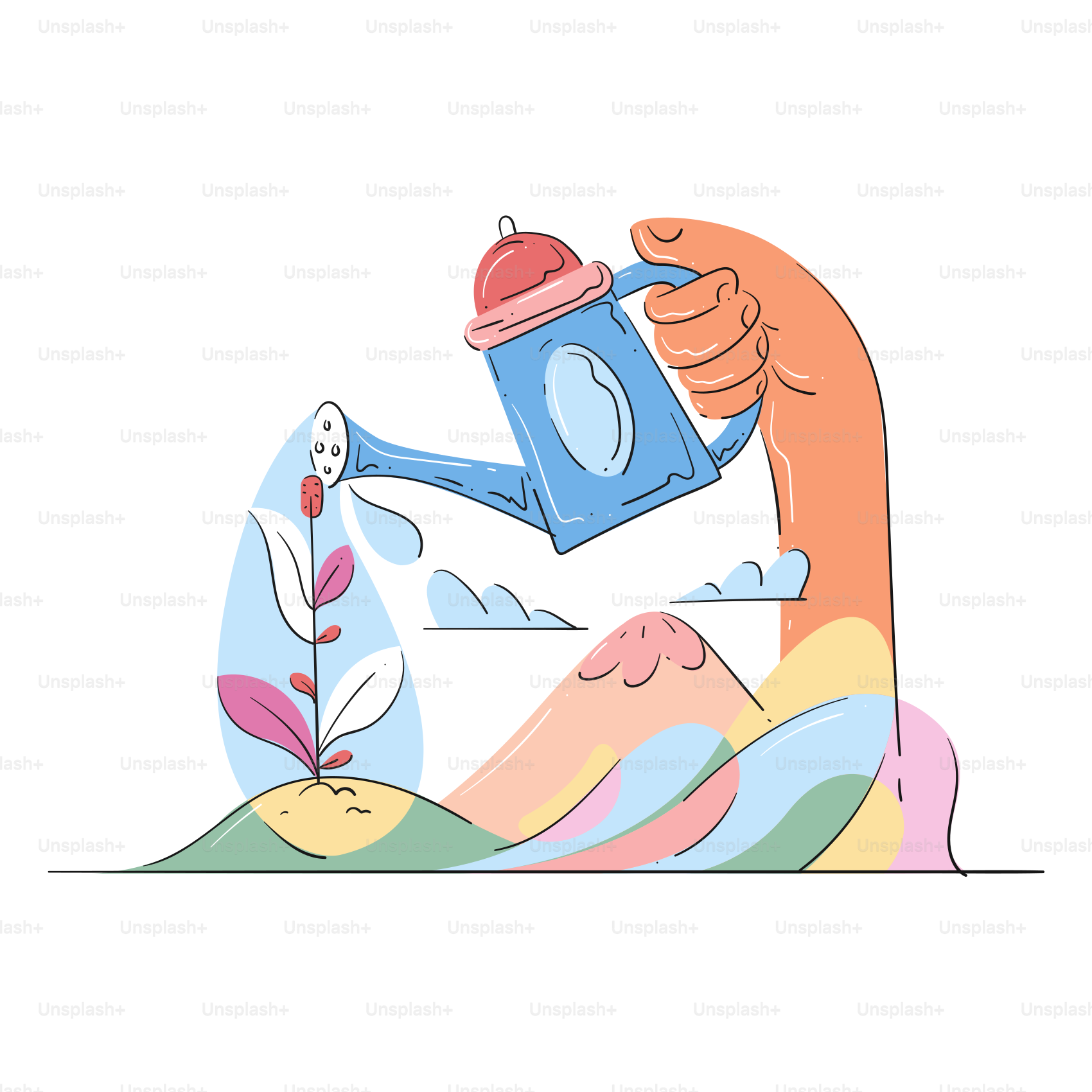 Hand watering a small plant growing from colorful hills.