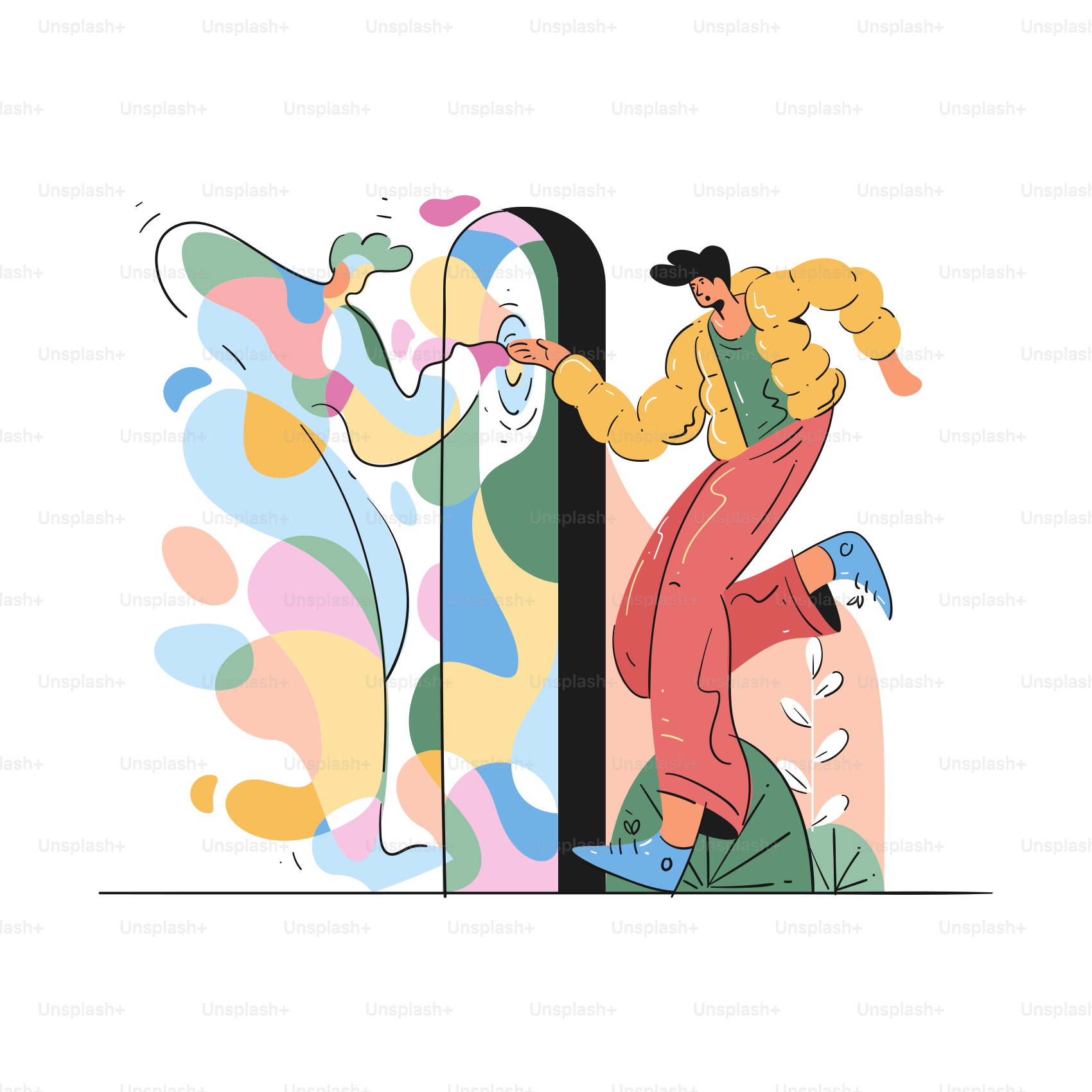 Homem alcançando um portal abstrato colorido com uma porta