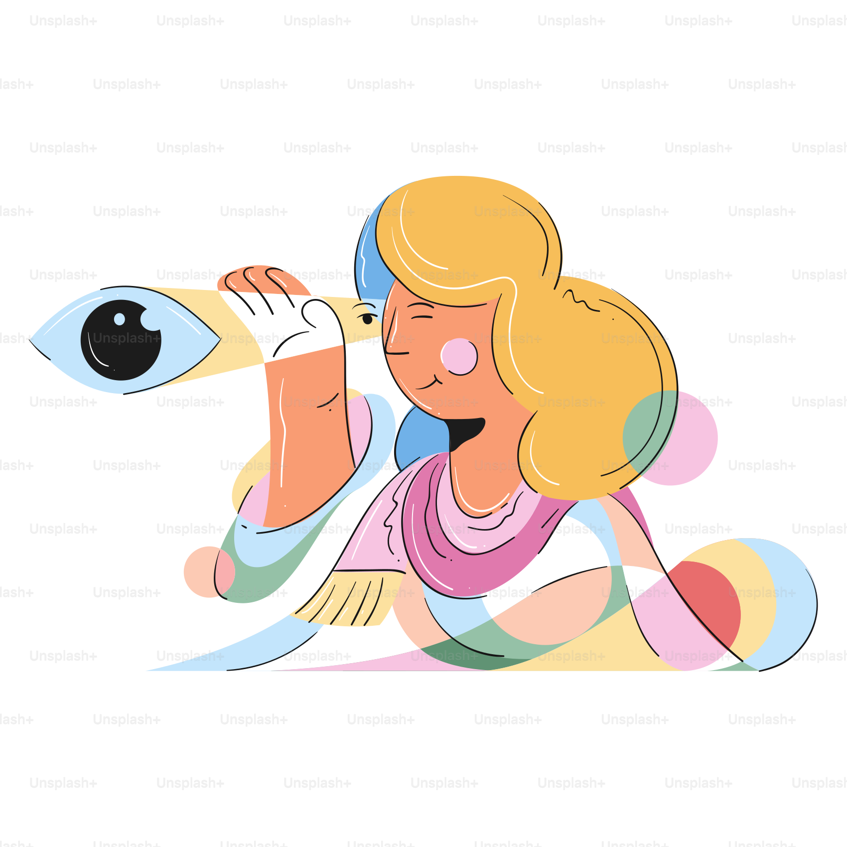 Woman looking through a telescope with an eye