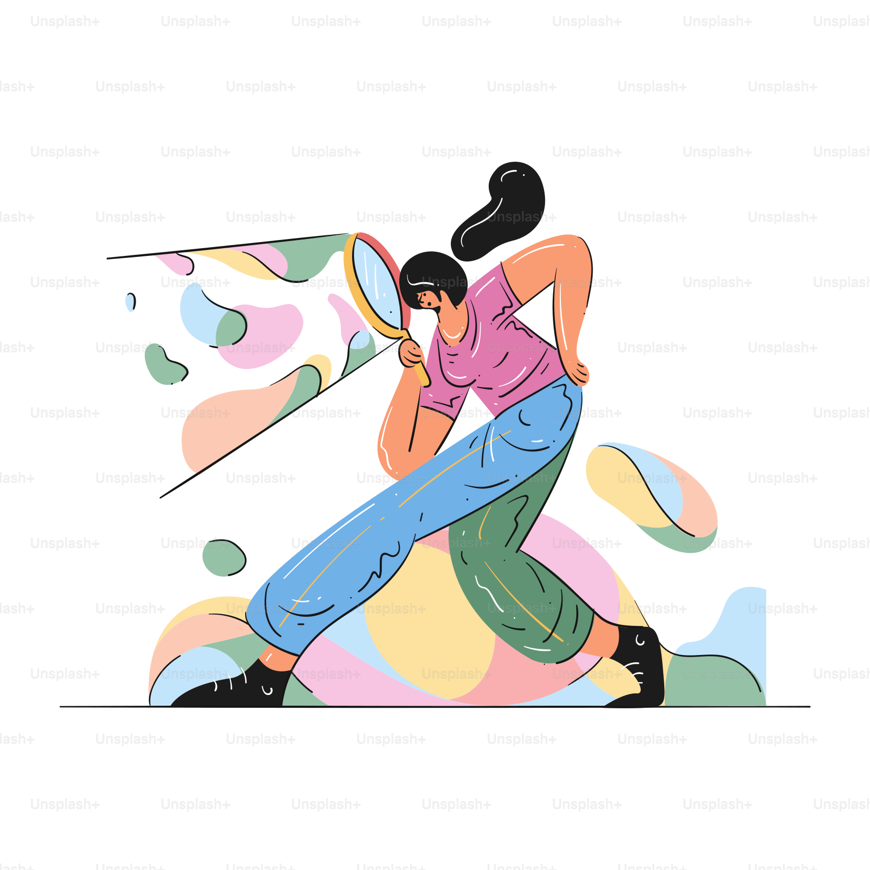 Woman looking through a magnifying glass at colorful shapes.