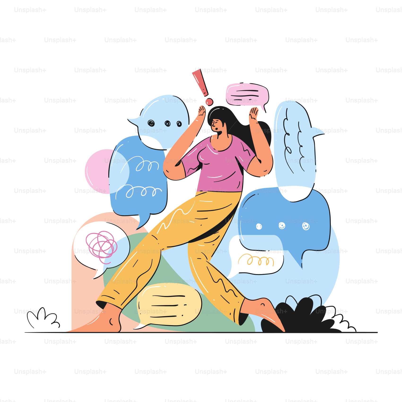 Woman overwhelmed by many talking bubbles