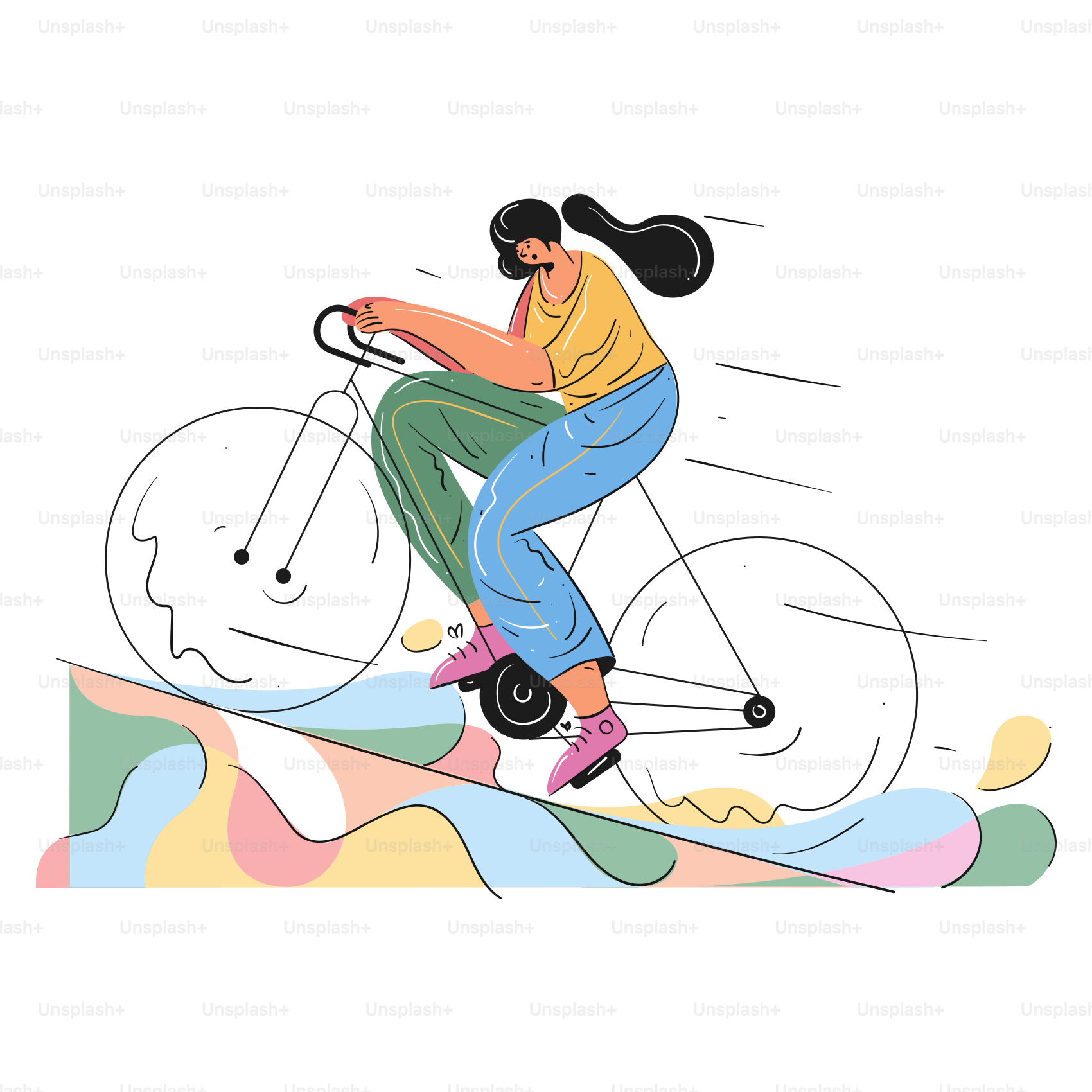 Woman riding a bicycle with colorful abstract shapes