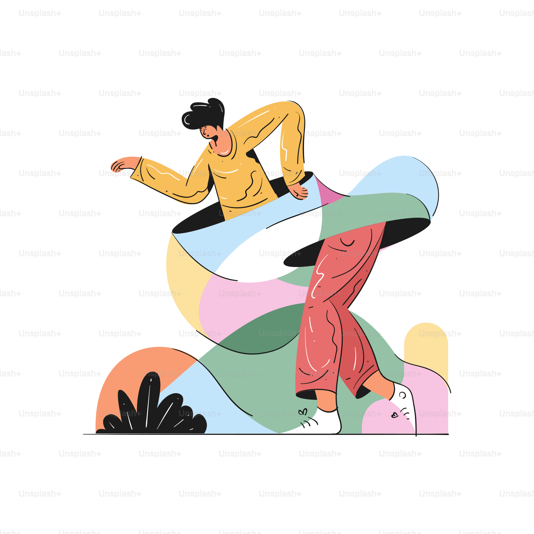 El hombre emergiendo de formas abstractas y coloridas