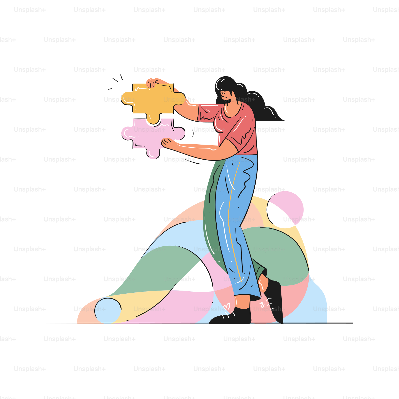 Mulher montando peças de quebra-cabeça com formas abstratas