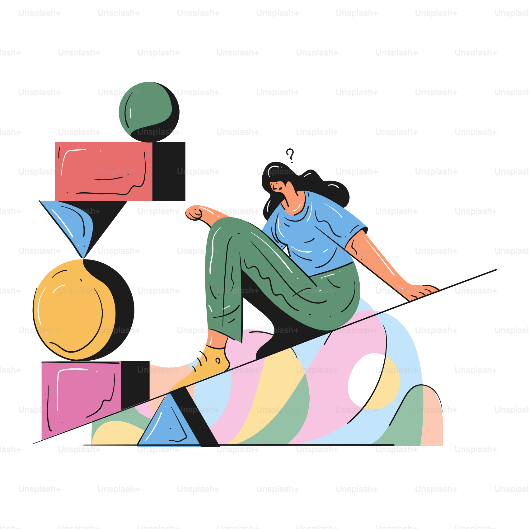 Woman balancing on a seesaw with abstract shapes.