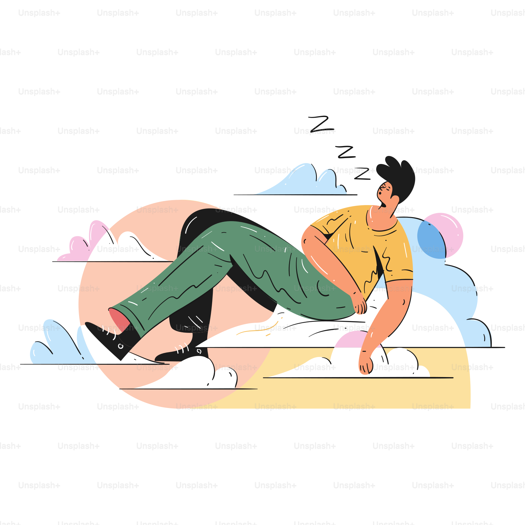 Man sleeping on clouds with zzzs above hissing
