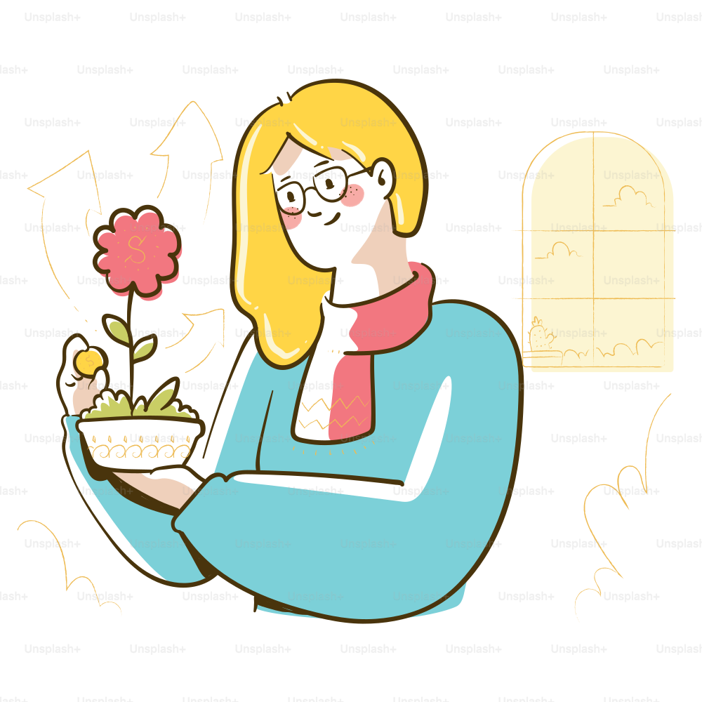 Woman holding a potted flower near a window