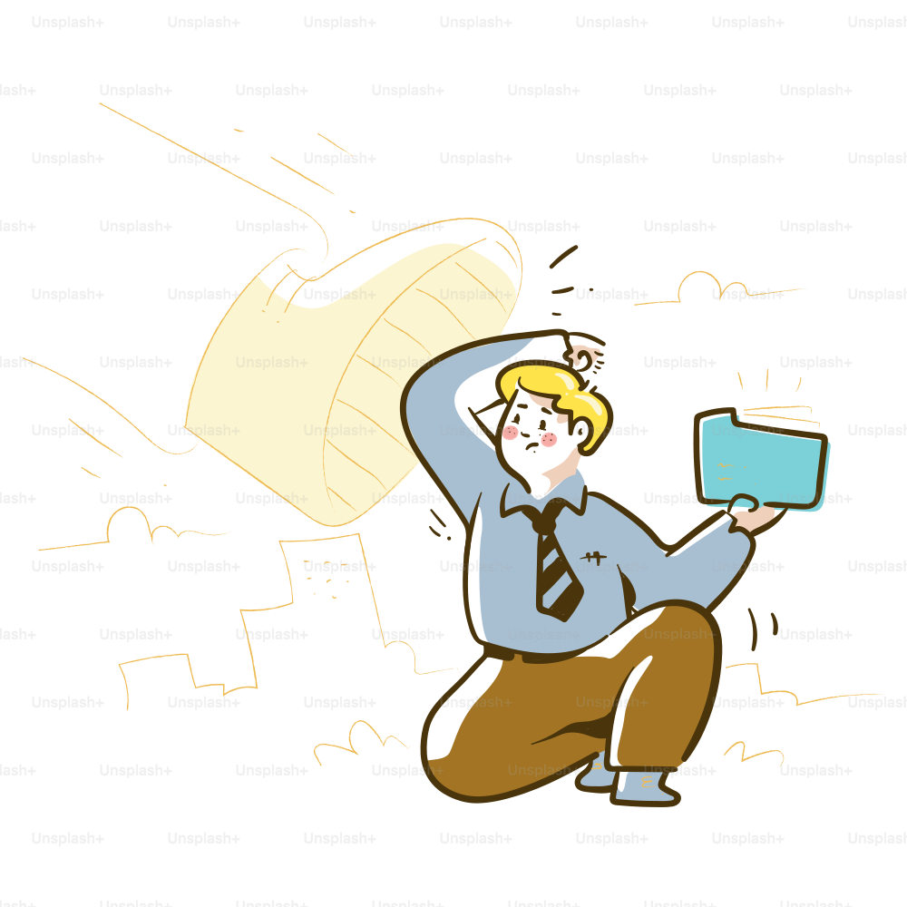 Man holding folder, confused by falling object.