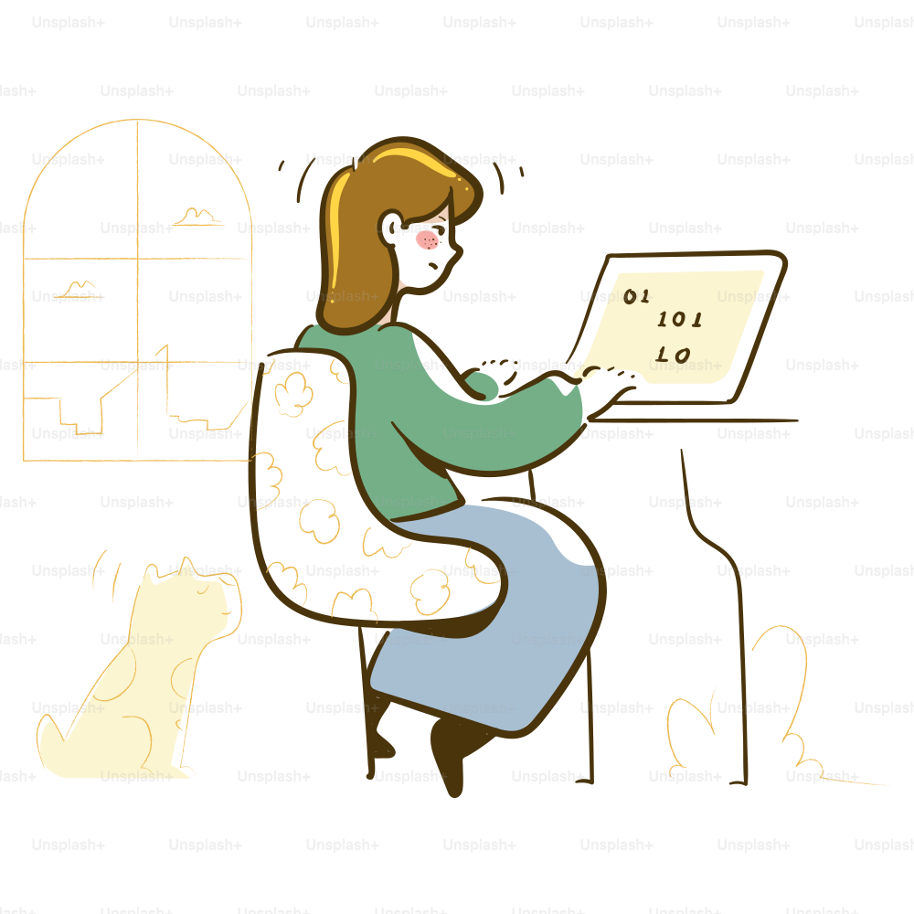 Woman typing on laptop with dog nearby