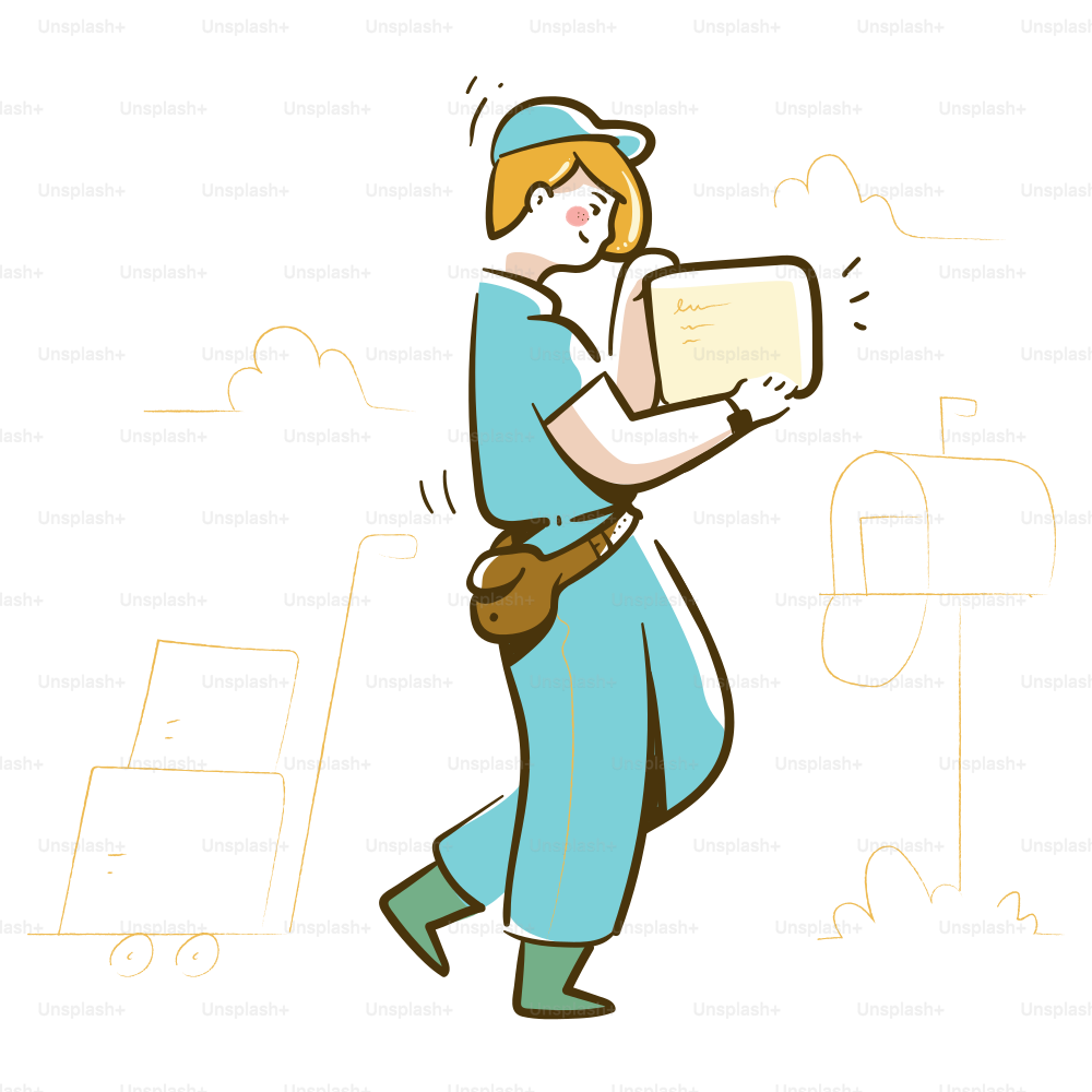 A postal worker holding a package near a mailbox