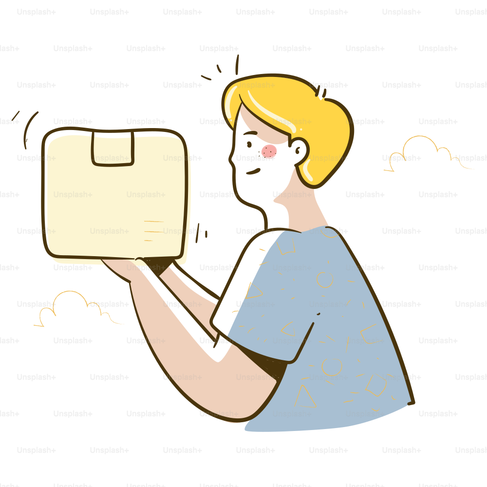 男が幸せそうな表情で黄色い箱を持っている。