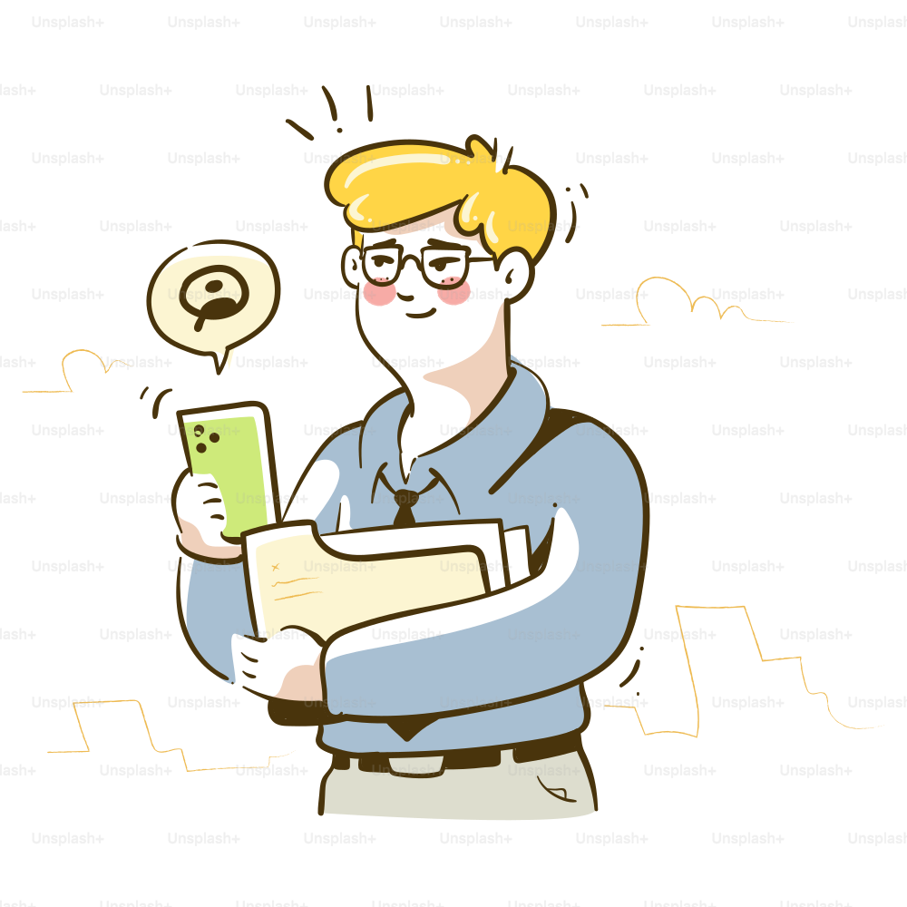 Mann mit Brille hält Handy und Dokumente