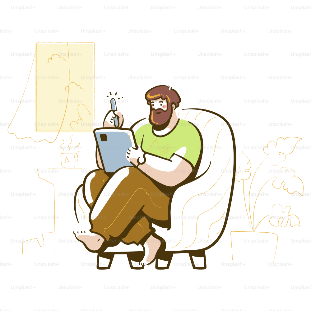 Man sitting in armchair using a tablet device.