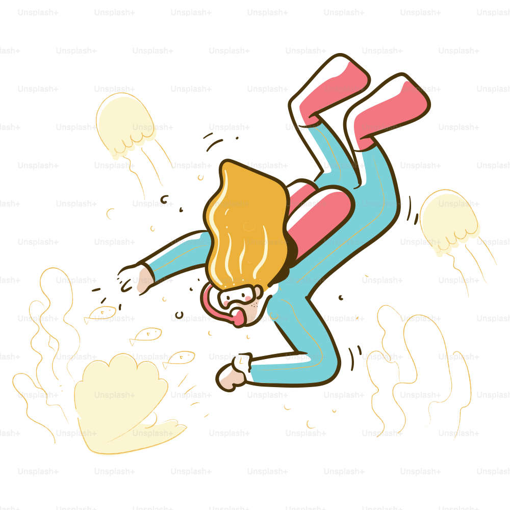 Scuba diver swims near jellyfish and small fish.