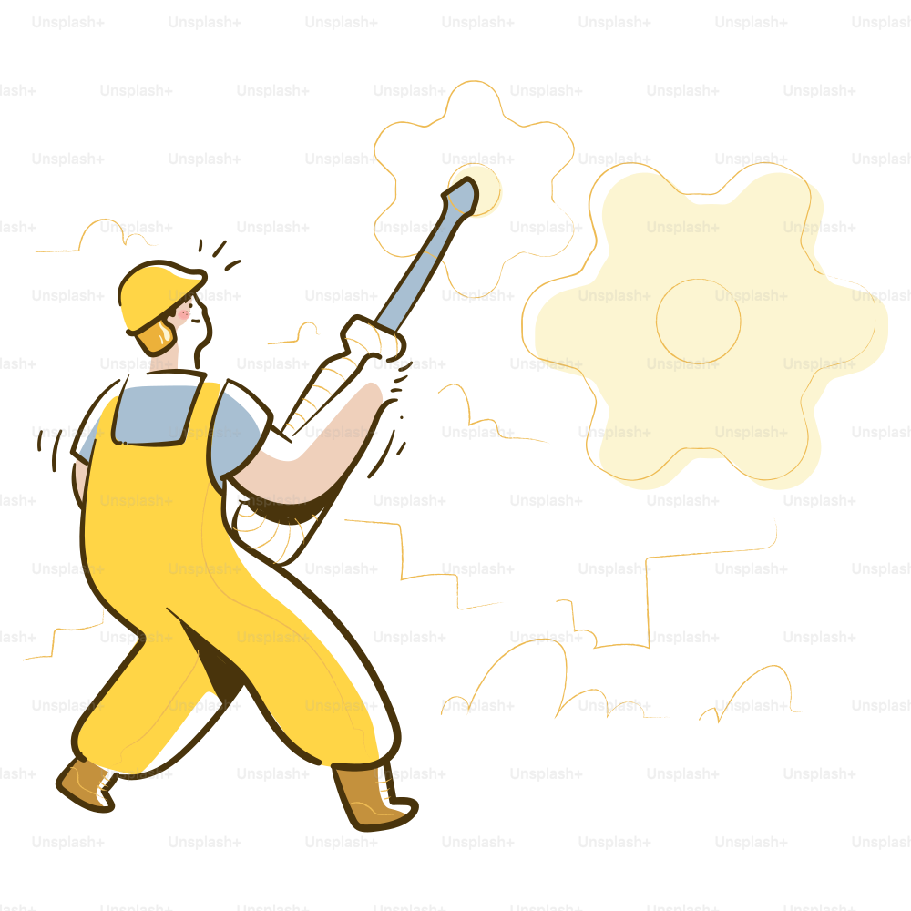 A worker in yellow overalls tightens a gear