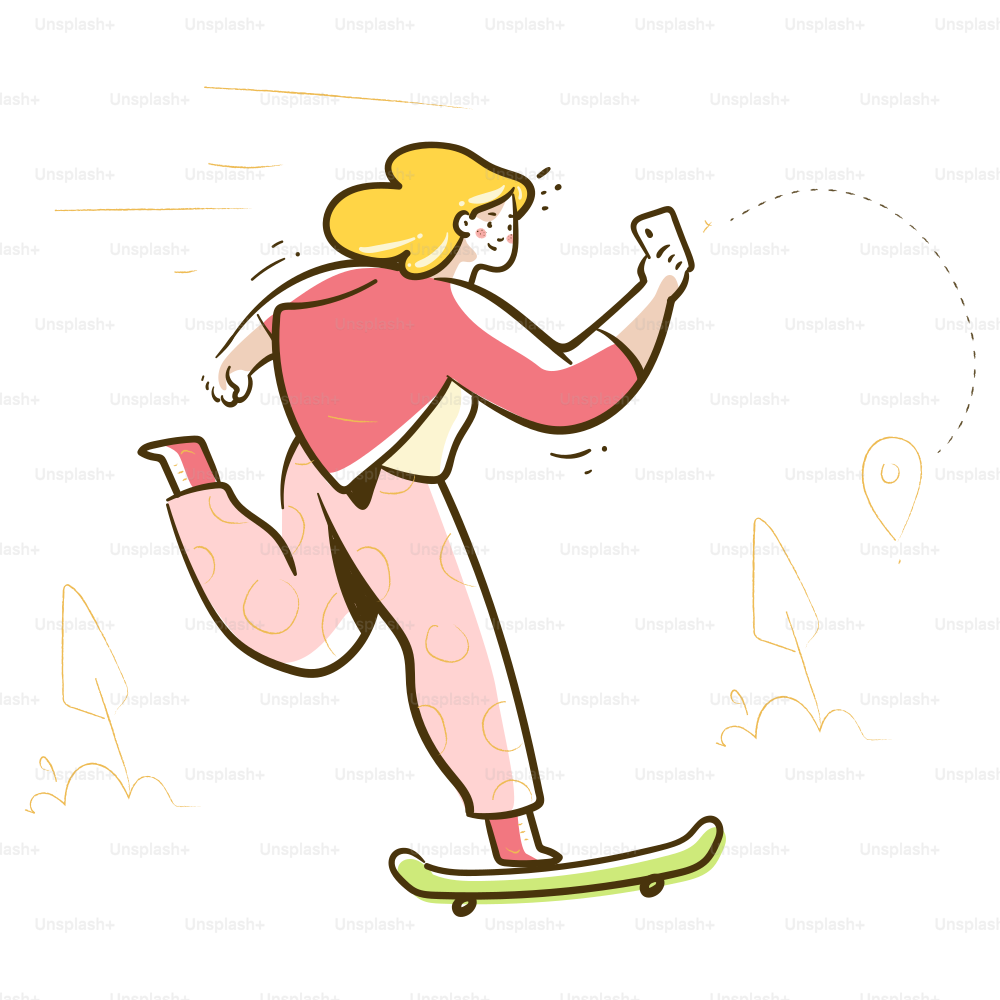 Woman skateboarding while looking at her phone.