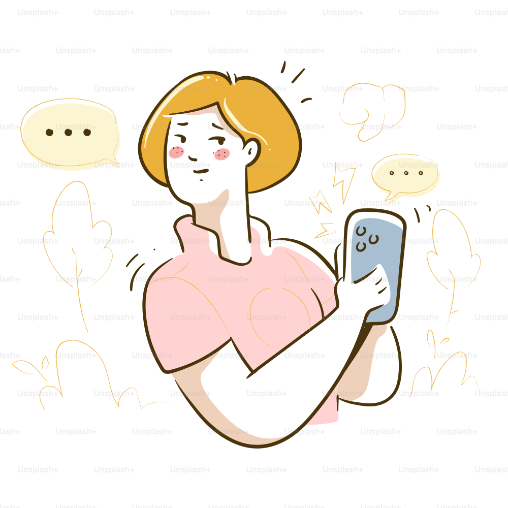 Frau mit kurzen blonden Haaren, die ein Smartphone hält.