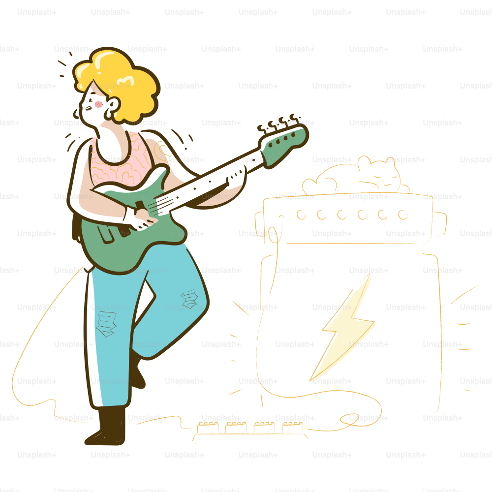 Mujer tocando la guitarra eléctrica junto al amplificador