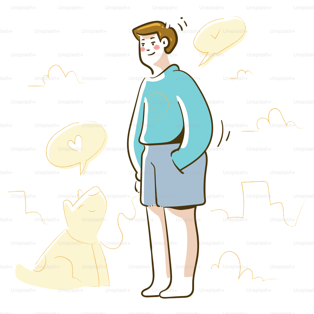 A person standing with a dog and speech bubbles
