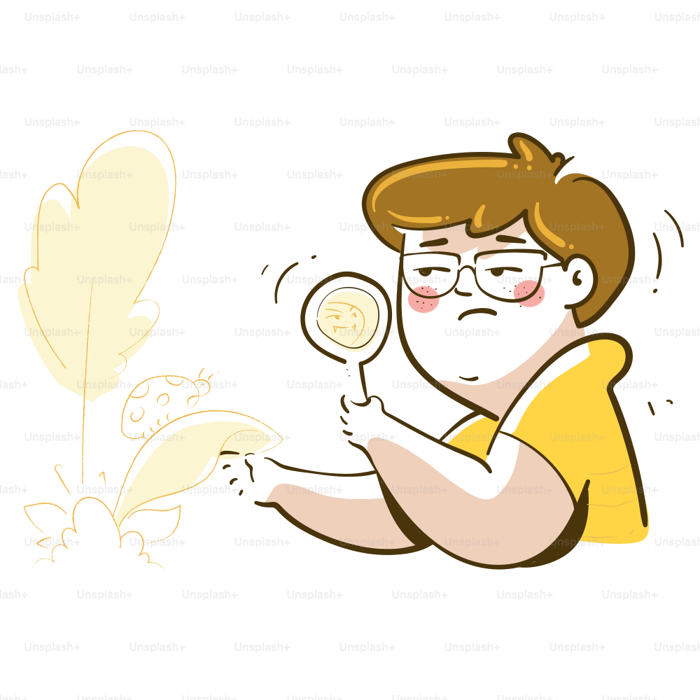 Person looking closely at a leaf with a magnifying glass