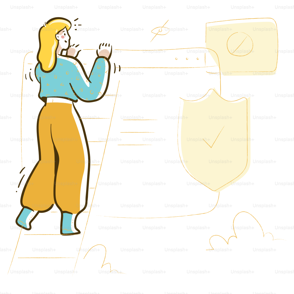 Woman climbing ladder towards a digital interface with shield icon