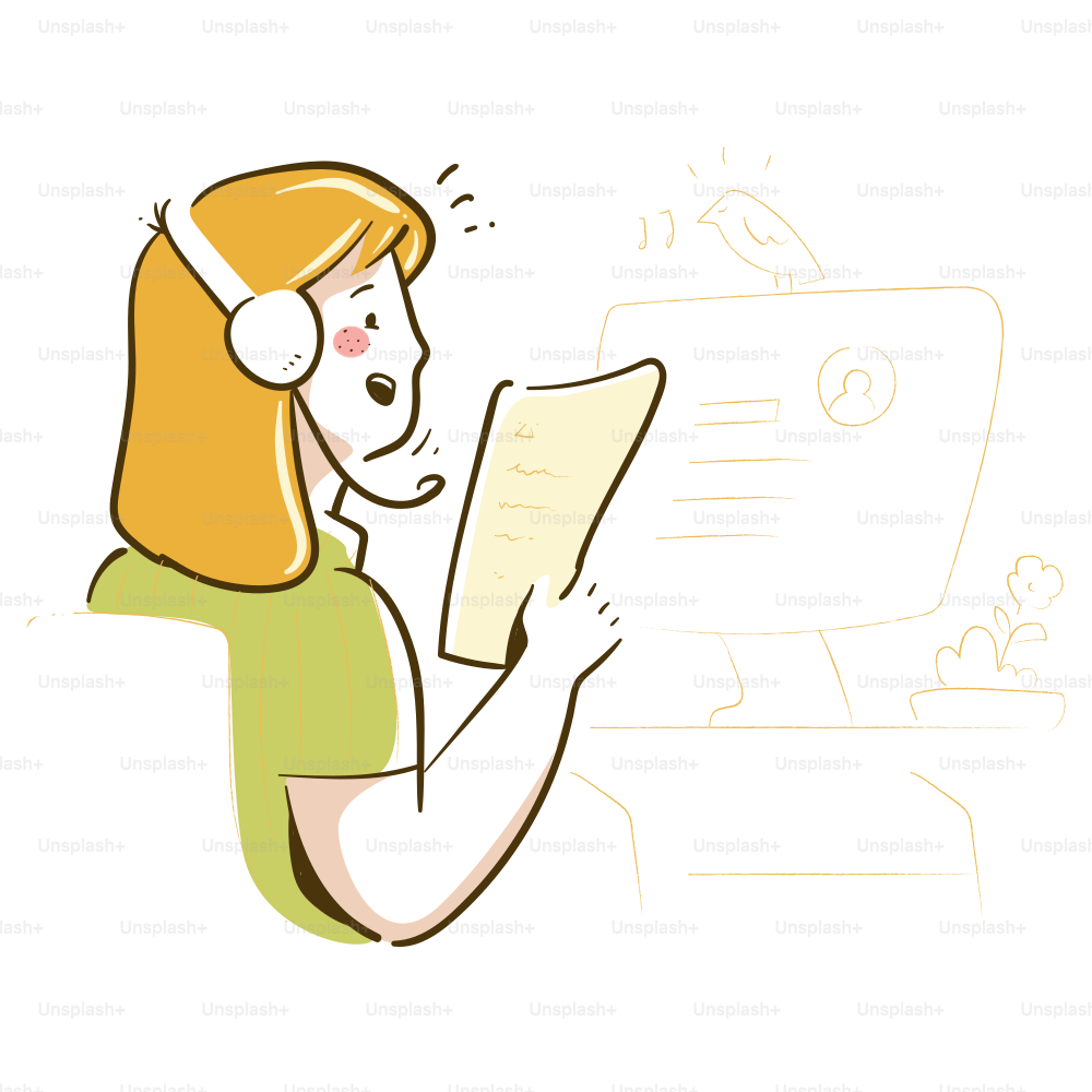 Woman wearing headset reads document near computer screen