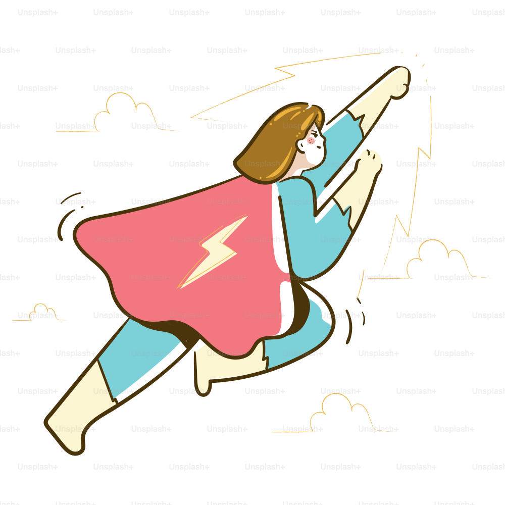 Woman in superhero costume flying through the sky