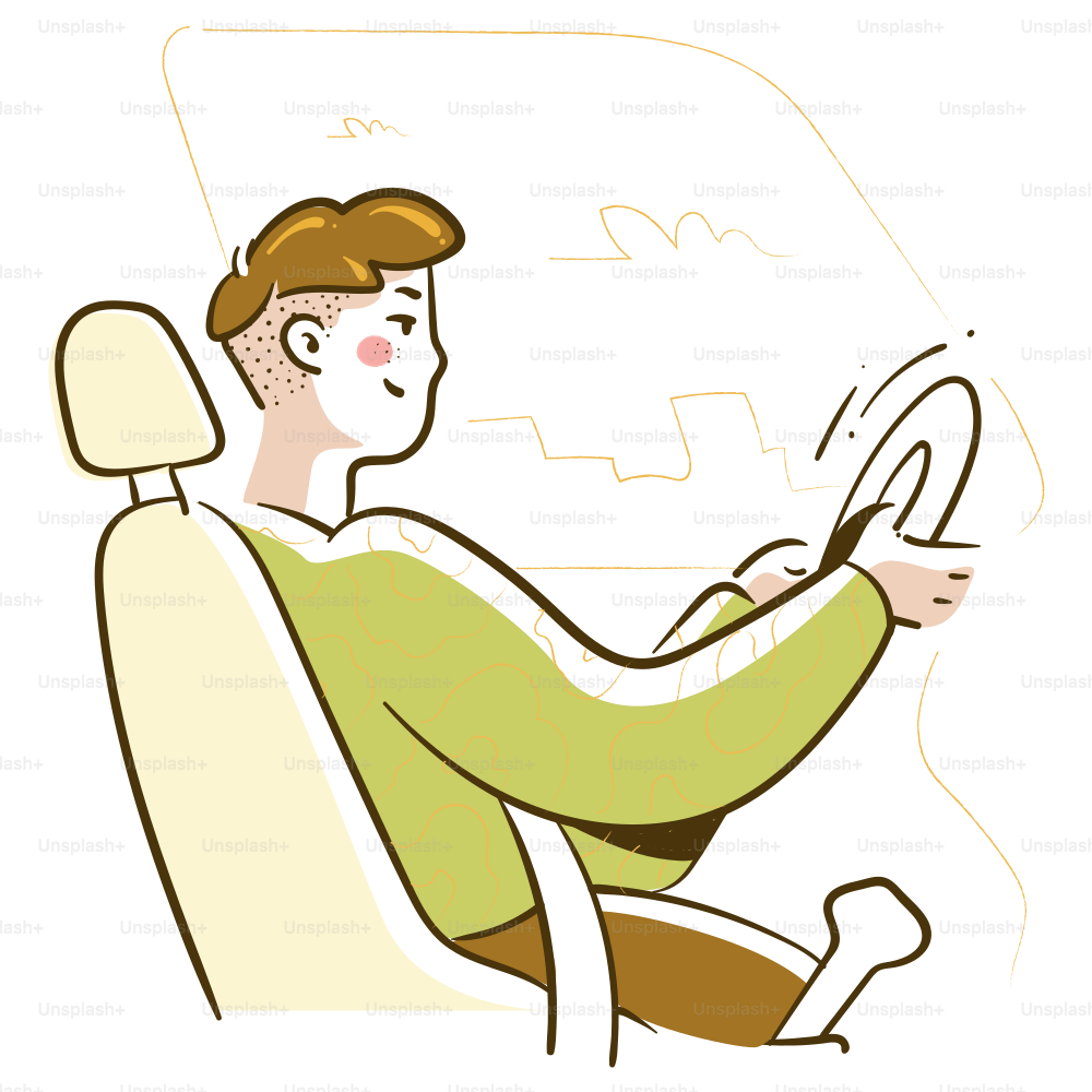 Man driving a car with hands on steering wheel.