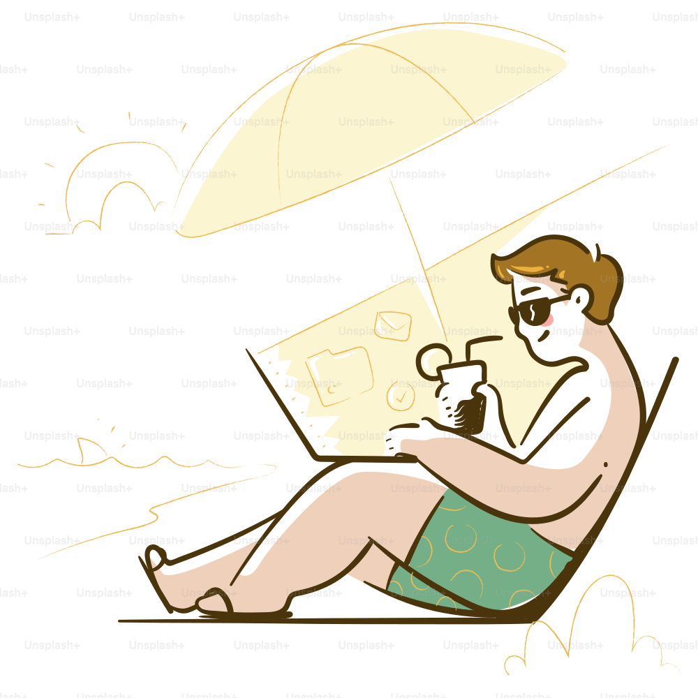 Man with drink and laptop on beach chair under umbrella