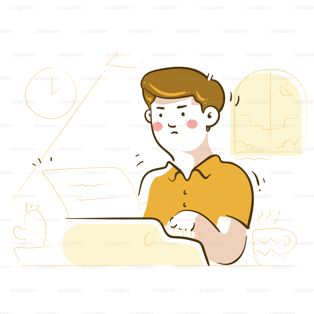 Hombre frustrado trabajando en un portátil en un escritorio.