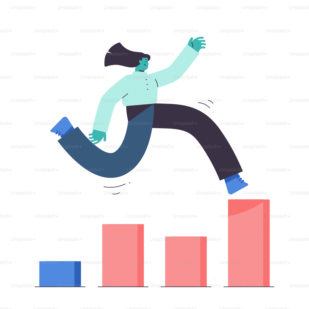 Person jumping over rising bar graph.