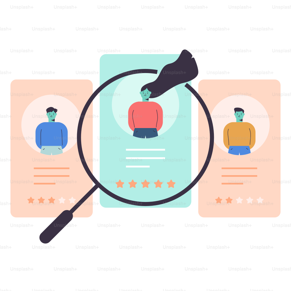 Magnifying glass over candidate profiles for hiring.
