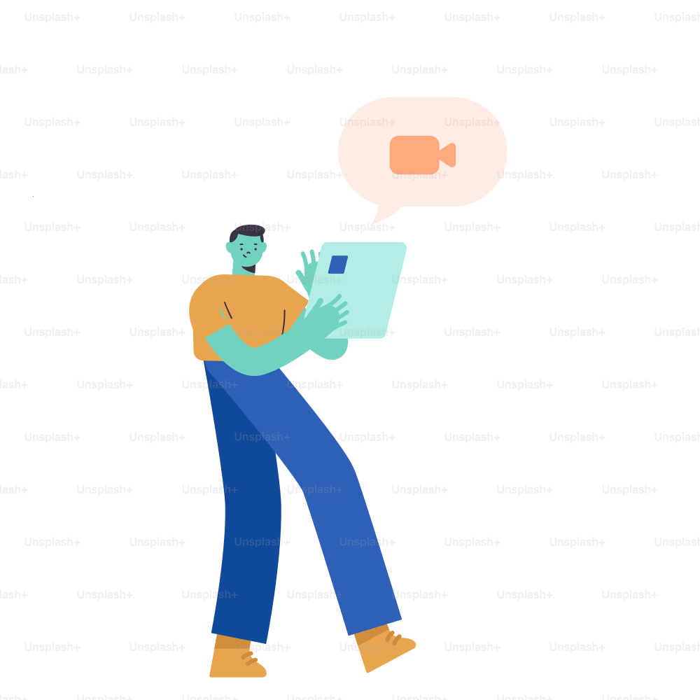 Man holding tablet with video call icon