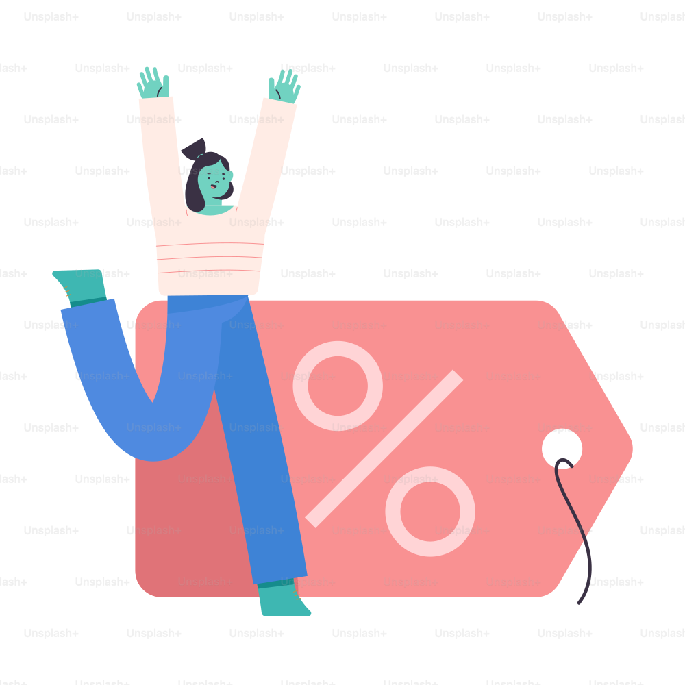 A happy person celebrating next to a large discount tag.
