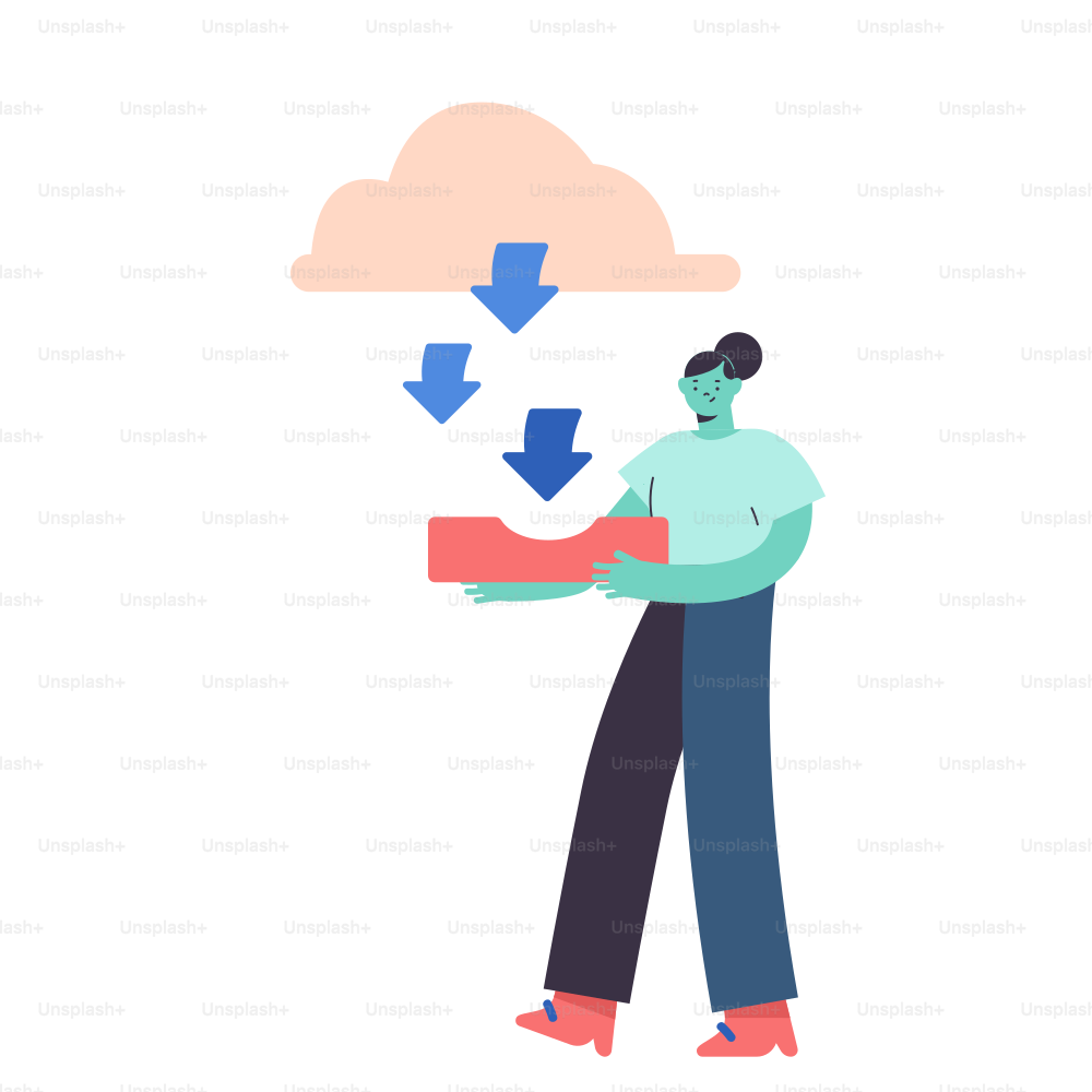 Person, die ein Tablett mit Cloud-Download-Pfeilen hält